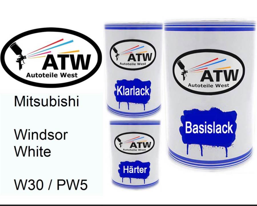 Mitsubishi, Windsor White, W30 / PW5: 500ml Lackdose + 500ml Klarlack + 250ml Härter - Set, von ATW Autoteile West.
